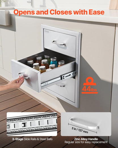 VEVOR Cajones de cocina para exteriores de 46 cm de ancho x 59 cm de profundidad x 59 cm de alto. Cajonera modular de acero inoxidable con triple acceso y asas. Cajón para isla de barbacoa