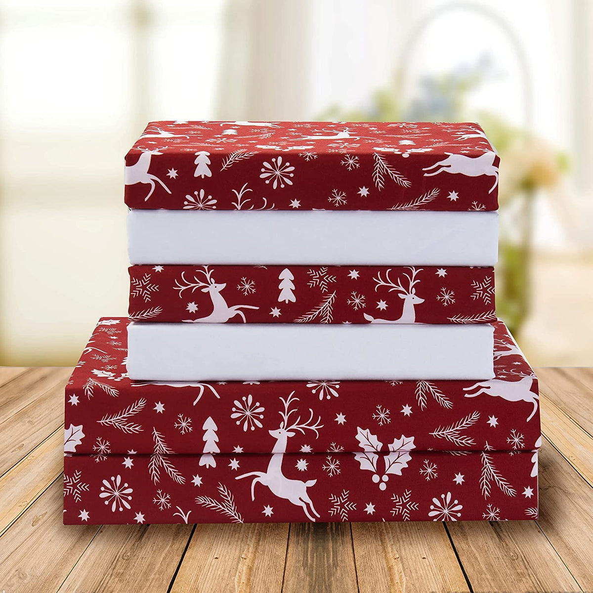 Elegant Comfort Juego de Sábanas Navideño de 6 Piezas, 1500 Hilos - King - Burgundy, White