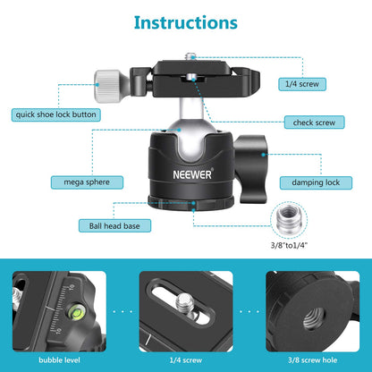 NEEWER Cabeza de Bola de Trípode de Perfil Bajo de 28mm Rotación Panorámica de 360°con Placa de Liberación Rápida Tipo Arca de 1/4" y Nivel de Burbuja para Trípodes Monopies, Carga Máxima: 6.6lb/5kg
