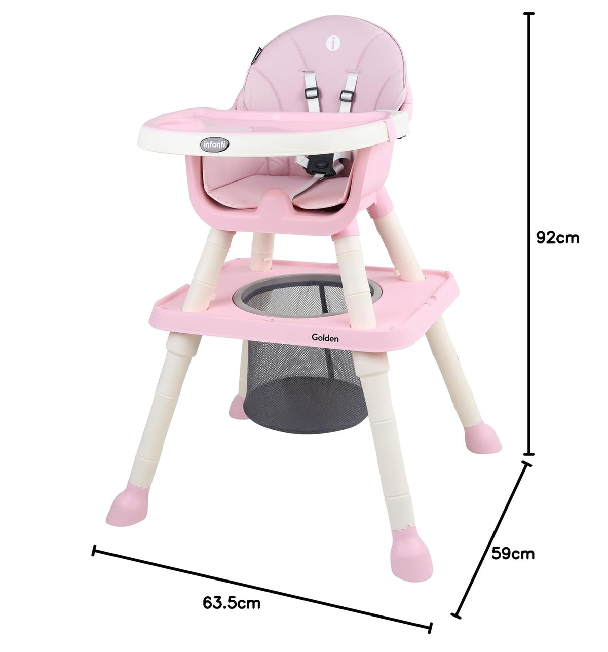 INFANTI | Silla Alta GOLDEN 6 en 1 | Bandeja Desmontable | Mesa Interactiva | Canasta para Accesorios | 6-36 Meses o Hasta 15 kg | Color Rosa