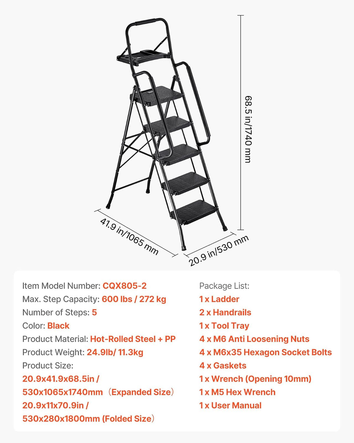 VEVOR Escalera Plegable de 5 Peldaños, Escalera de Tijera con Estructura de Acero, Capacidad de Carga Máx. 272 kg, con Pies Antideslizantes Bandeja de Herramientas Pasamanos, para Doméstico Oficina
