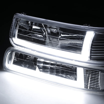 M-Auto Juego de 4 Faros Delanteros con Tira LED DRL Compatible con 99 00 01 02 Chevy Silverado 1500HD 2500HD 3500HD, 00-06 Suburban 1500 2500 Tahoe