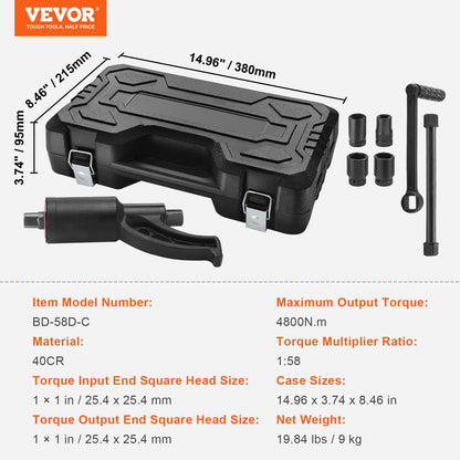 VEVOR Llave Multiplicadora de Par 25,4 mm Relación 1:58 Multiplicador de Fuerza con 4 Vasos Caja Multiplicadora de Par de Acero de Aleación para Quitar Tuercas de Rueda Automóvil Taller Garaje