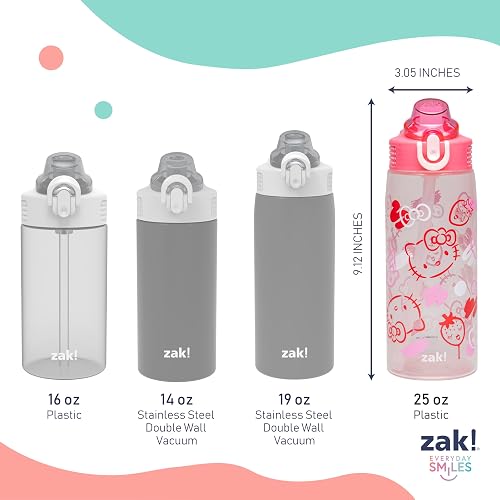 Zak Designs Sanrio - Botella de agua de salvia para la escuela o los viajes, botella de agua de plástico duradera de 25 onzas con popote, mango y a prueba de fugas, cubierta de boquilla desplegable