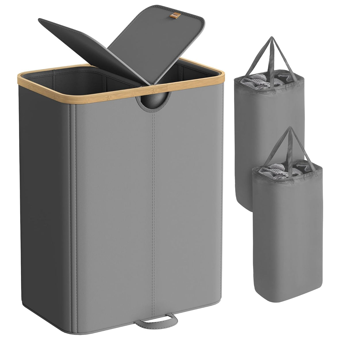 SONGMICS Cesto Ropa Sucia, 150 L, Cesta de Colada de 2 Compartimentos, para Lavadero, Dormitorio, Salón, Gris Pizarra y Beige Natural MLCB523G01 - Gris Paloma