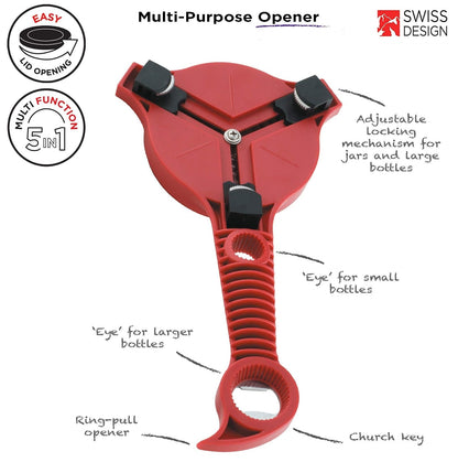 Kuhn Rikon - Abridor de tarros 5 en 1, abre tapas de tarro, botellas de cerveza, latas de soda, 5 lengüetas, tapas de plástico y botellas pequeñas, color rojo