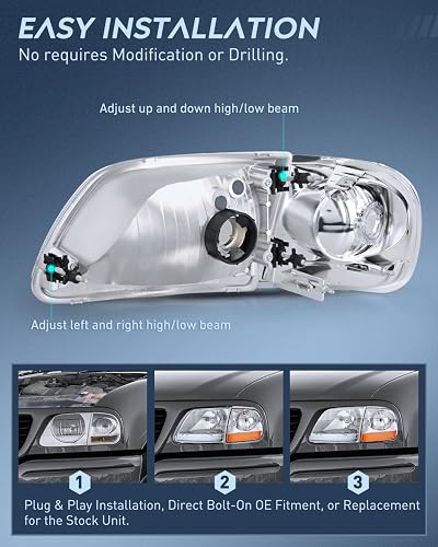 Nilight Conjunto de Faros Delanteros Cromados con Reflector Ámbar para Ford F-150 y Expedition 1997-2003 NA185