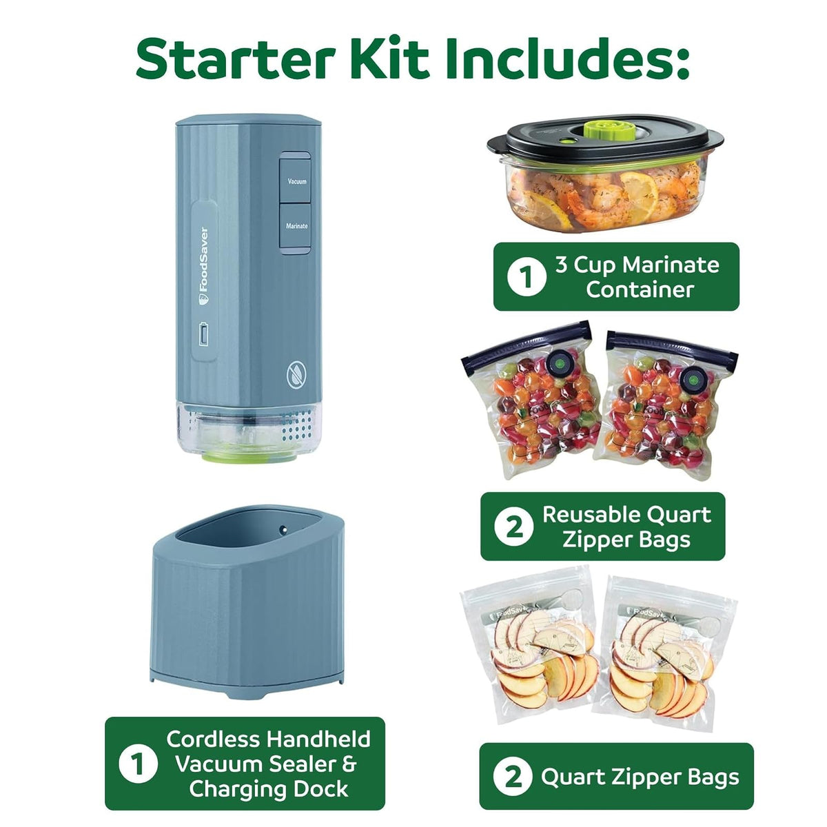 FoodSaver Mini máquina selladora al aspiradora de mano con ajuste marinado y base de carga, selladora al aspiradora de alimentos inalámbrica para congelador, almacenamiento, Sous Vide, preparación de