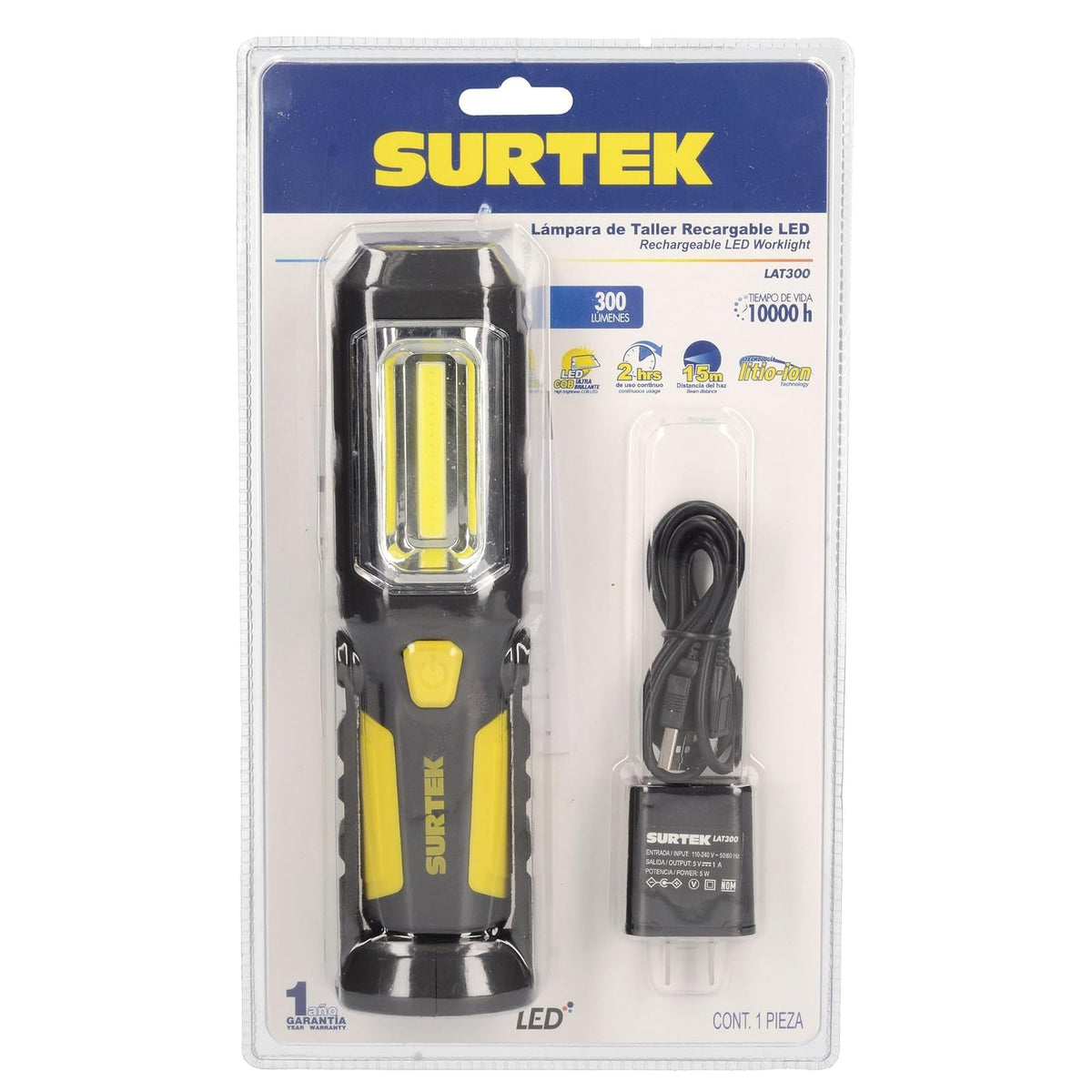 Surtek LAT300 Lámpara de Taller Recargable LED Cob, 300 Lúmenes, 5W