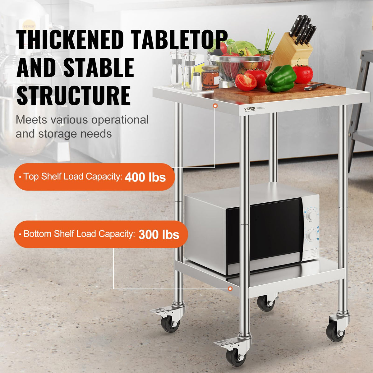 VEVOR Mesa de Trabajo de Acero Inoxidable 61 x 61 x 96,5 cm Mesa de Preparación de Alimentos con 4 Ruedas Mesa de Cocina Estante Ajustable en Altura para Cocina Restaurante Bar Garaje al Aire Libre