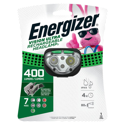 Energizer VISION Linterna frontal LED, 400 lúmenes altos, IPX4 resistente al agua, múltiples modos, el mejor faro para camping, correr, al aire libre, luz de emergencia, recargable o alimentado con batería
