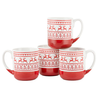 4 tazas de cerámica de renos en relieve de Strawberry Street, juego de 4 (rojo), S4MUG-XMAS