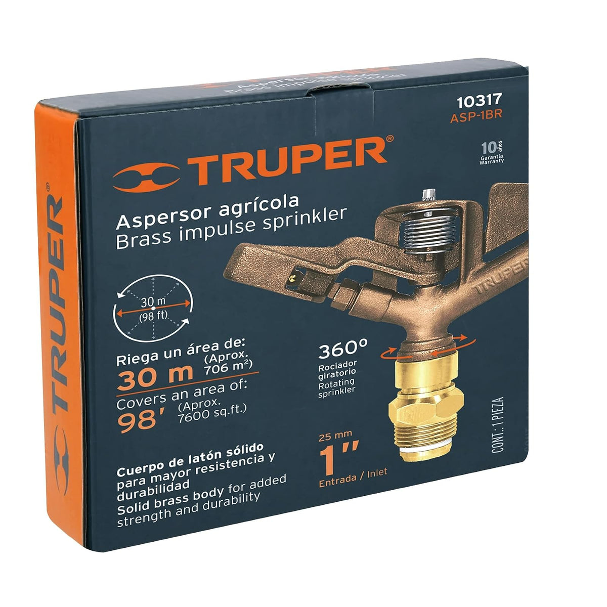 Truper ASP-1BR, Aspersor agrícola, fundido en latón, 1"