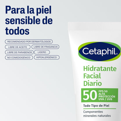Cetaphil Hidratante Facial Diario FPS 50 Piel Sensible Mixta Grasa 50 ml | Hidrata hasta 8 h, protege contra rayos UVA/UVB y ayuda a prevenir daño por radicales libres con vitamina E y glicerina.