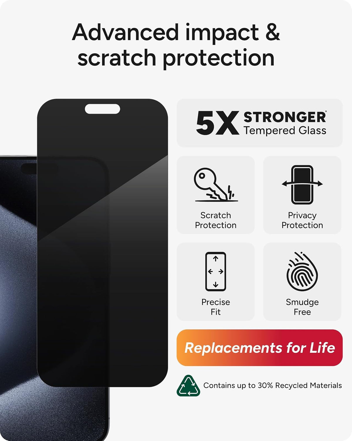 ZAGG InvisibleShield Glass Elite Privacy iPhone 15 Pro Max - Protector de visualización 5X más fuerte con bordes reforzados, filtro de privacidad de 2 vías, superficie resistente a arañazos y manchas,