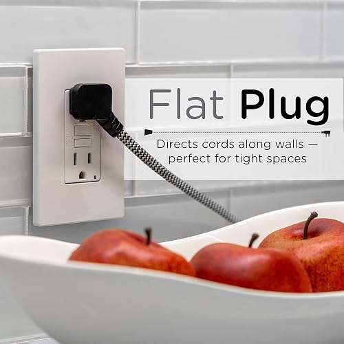 Cordinate Designer, Extension Electrica de 3 salidas polarizadas, Cable Trenzado de 2.4 m (8 pies), Sistema de Seguridad para Trabar, Enchufe Plano, Certificacion ETL, Blanco/Negro, 1 paquete, 39984