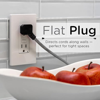 Cordinate Designer, Extension Electrica de 3 salidas polarizadas, Cable Trenzado de 2.4 m (8 pies), Sistema de Seguridad para Trabar, Enchufe Plano, Certificacion ETL, Blanco/Negro, 1 paquete, 39984