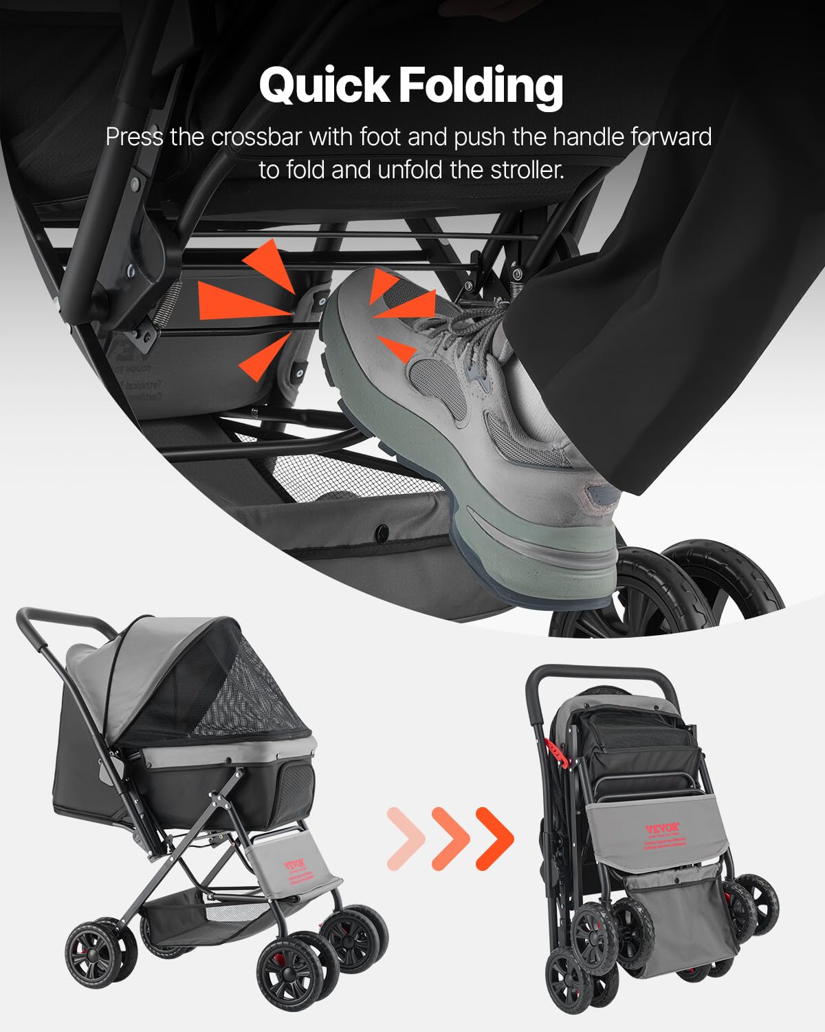 VEVOR Cochecito para Mascotas Capacidad 20kg Carrito Plegable para Perros de 4 Ruedas con Ventana de Malla Asa Reversible Cochecito Portátil Tela Oxford 600D con Freno para Mascotas Pequeñas Medianas
