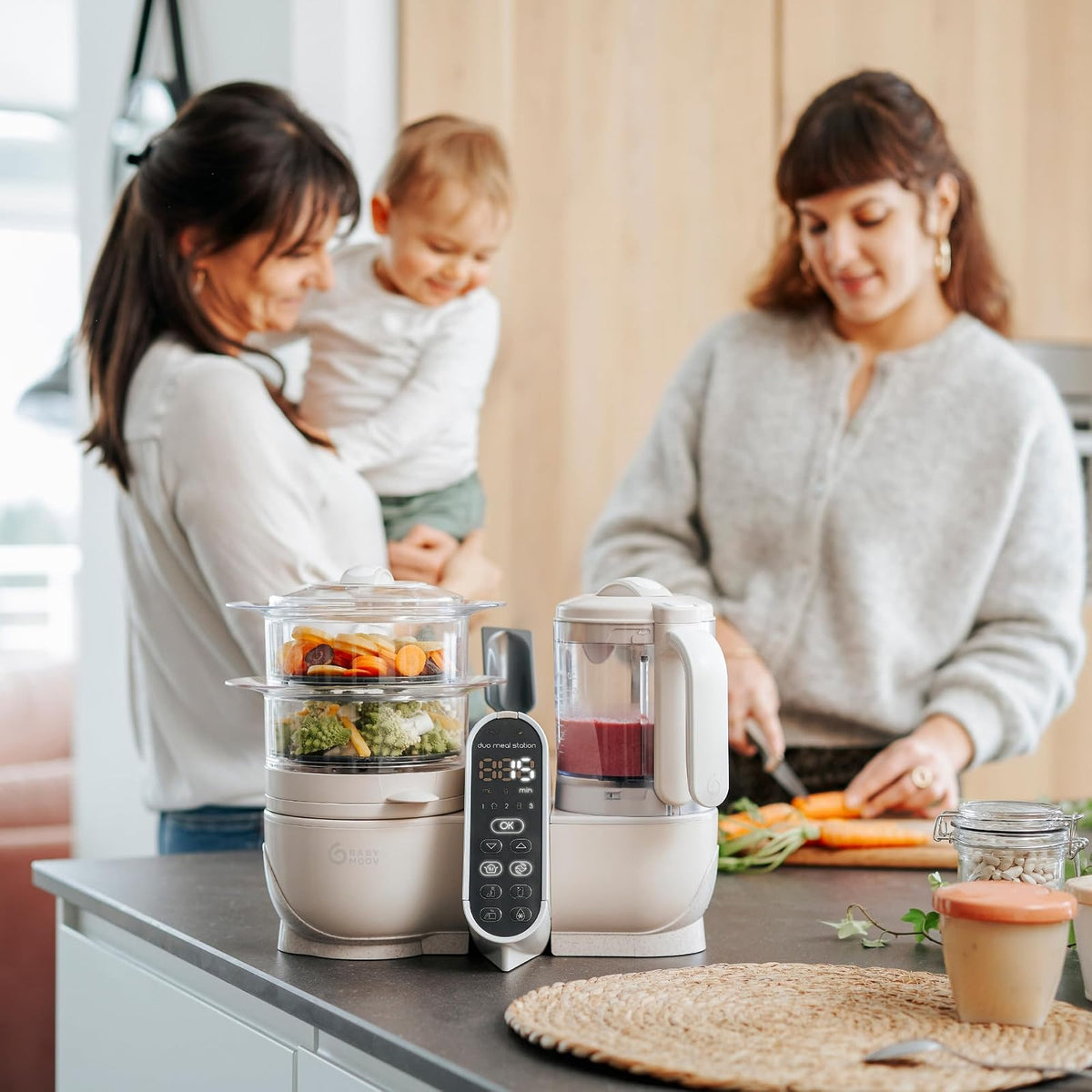 Babymoov Duo Meal Station Procesador de Alimentos para Bebé 6 en 1, Vaporera Licuadora para Papillas Caseras, Calientabiberón, Descongela, Esteriliza, Beige Mineral