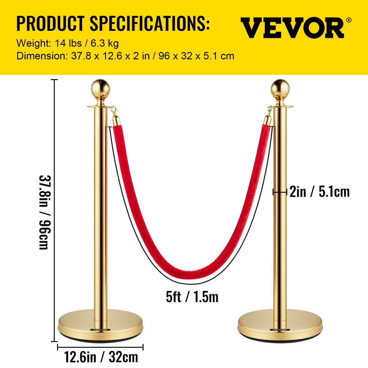 VEVOR Poste Separador de Cinta Extensible 4 Juegos Barreras de Seguridad de 2 Cuerdas Longitud de Cuerda 1.5m Dorado