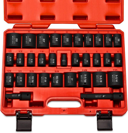 Neiko 02447A - Juego de llaves de impacto maestro de 1/2", surtido de 32 piezas de enchufes poco profundos | SAE estándar (3/8 pulgadas a 1-1/4 pulgadas) y métrico (10-32 mm) | Acero Cr-V