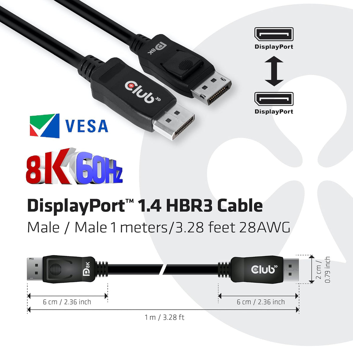 Club3D CAC-2067 DisplayPort to DisplayPort 1.4/HBR3 Cable DP 1.4 8K 60Hz 1m/3.28ft, Black