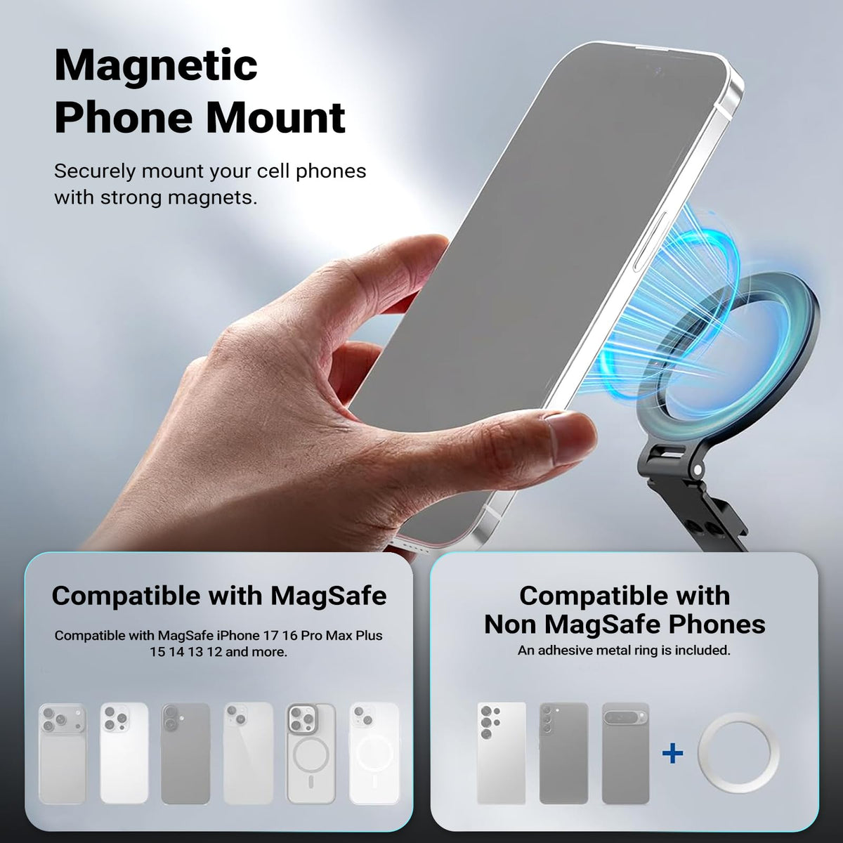 NEEWER Magnetic Tripod Phone Mount Cold Shoe Adapter,Alumnio Compacto Ligero Portátil Soporte Móvil Trípode Accesorio para Cámara, Compatible con MagSafe iPhone Samsung Android Grabación Vídeo, CA163