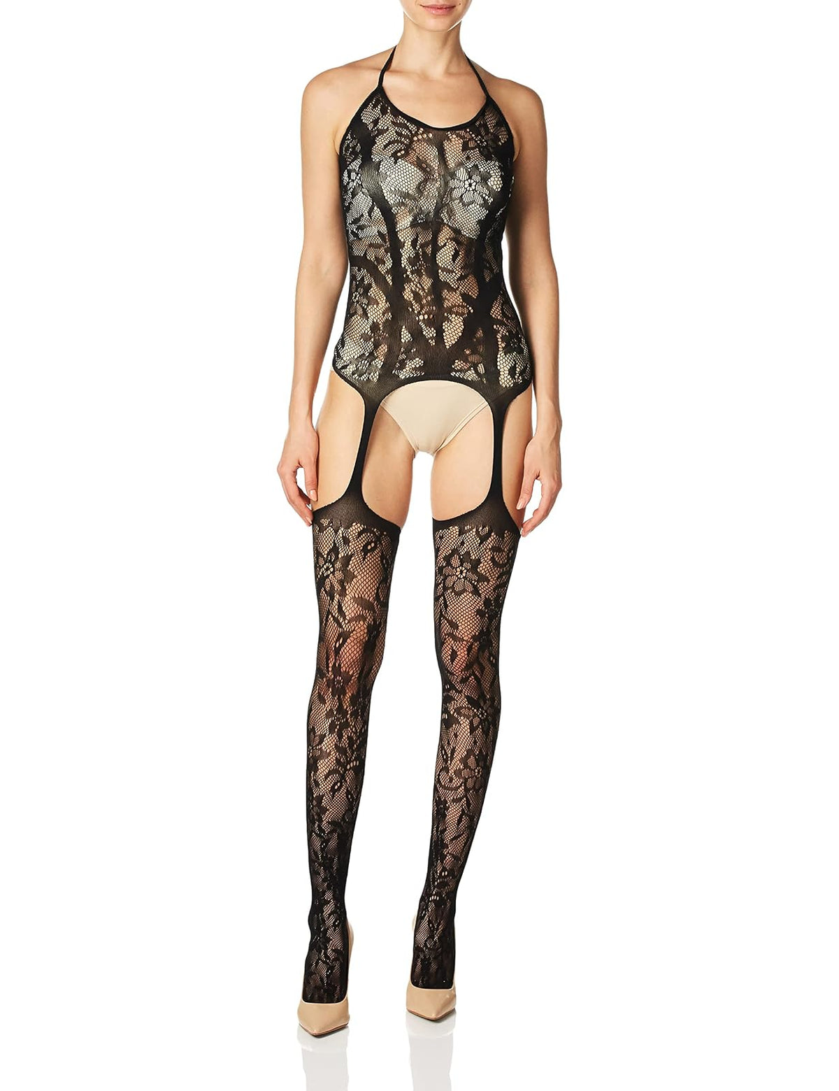 Dreamgirl Lencería Sexy de Moda para Mujer, Vestido de Liga Halter con Medias Adjuntas, Black, Talla única