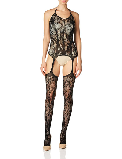 Dreamgirl Lencería Sexy de Moda para Mujer, Vestido de Liga Halter con Medias Adjuntas, Black, Talla única