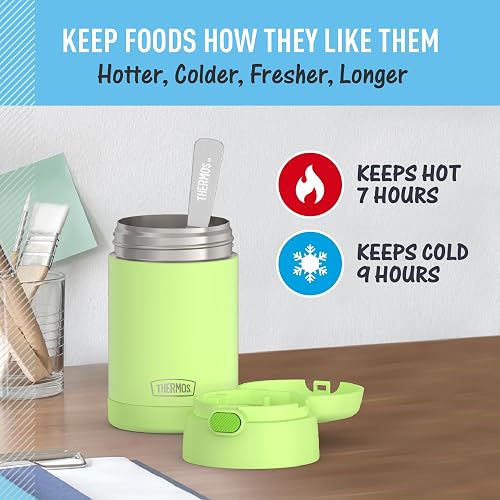 THERMOS FUNTAINER - Tarro de acero inoxidable aislado al aspiradora de 16 onzas con cuchara plegable, lima neón
