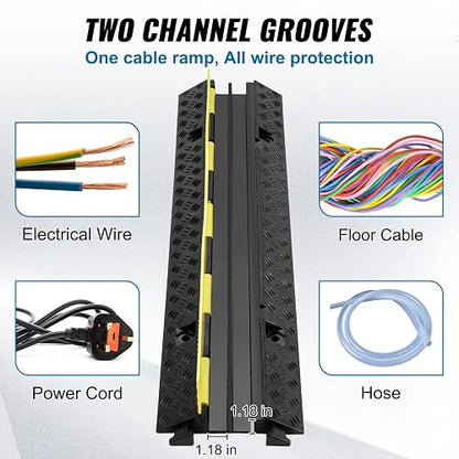 VEVOR 3 rampas protectoras de cable de goma, 2 canales, 12000 libras/capacidad del eje, cubierta de alambre de manguera resistente, rampa de entrada, golpe de velocidad de tráfico con cubierta superior abatible y cinta de advertencia de 50 pies, para inte