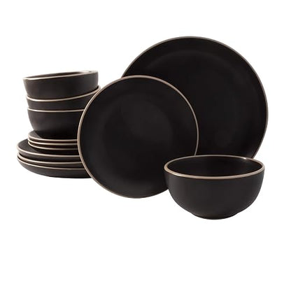 Gibson Home - Vajilla Rockaway redonda de cerámica, servicio para 4 (12 piezas), color negro