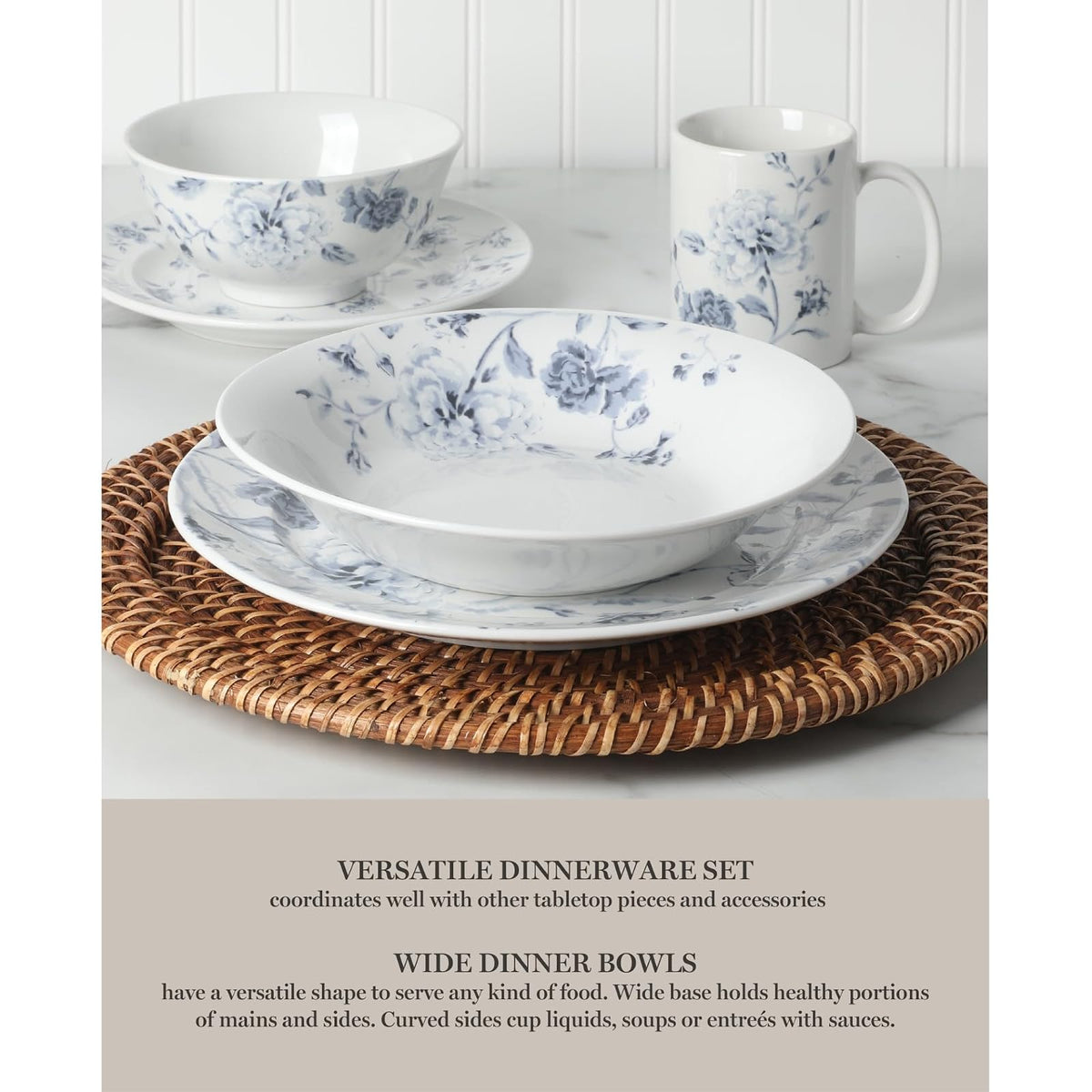 Martha Stewart Empress Bouquet - Juego de platos y cuencos de porcelana decorados - Floral azul, servicio para 6 (30 piezas)