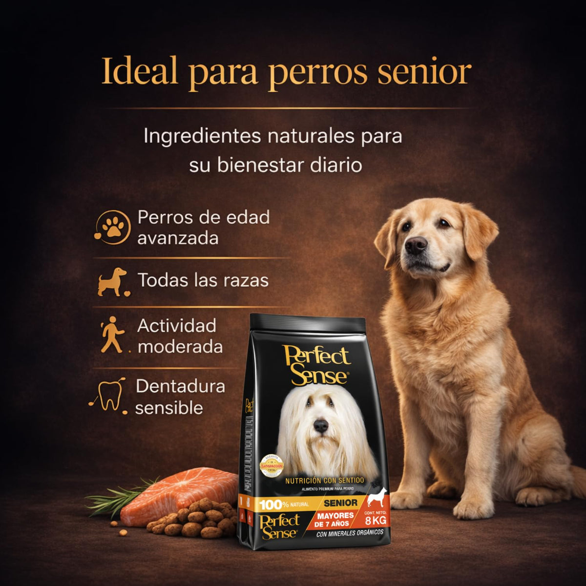 Perfect Sense Alimento Premium para Perros Senior Adultos 8 kg – Fórmula Natural para Salud Articular y Masa Muscular – Croquetas Pequeñas y Sabrosas