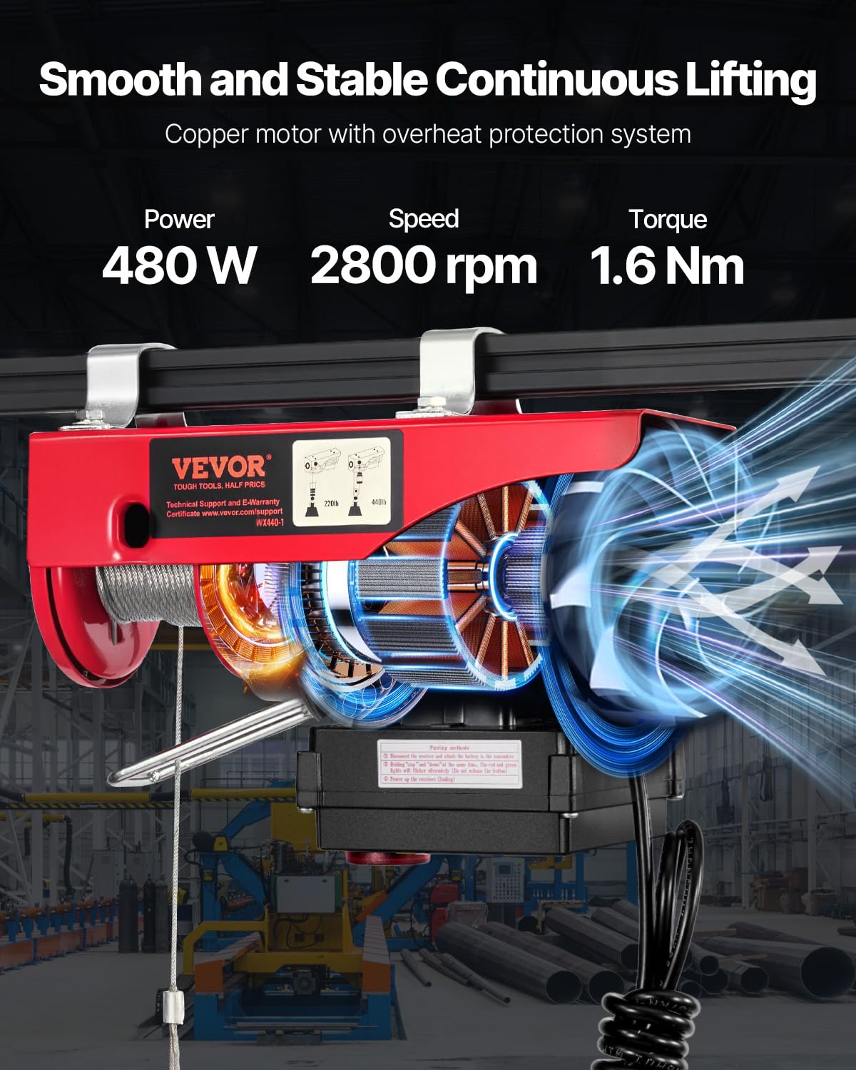 VEVOR - Elevador eléctrico, capacidad de elevación de 420 libras, cabrestante eléctrico de acero de 480 W 110 V con control remoto inalámbrico, altura de elevación de un solo cable de 40 pies y motor