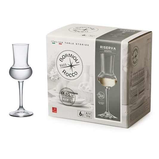 Bormioli Rocco Riserva - Vasos de grappa y cordial de 2.8 onzas, vasos pequeños para aperitivo, bebida de postre, licor, bebida después de la cena, juego de 6 unidades, transparente