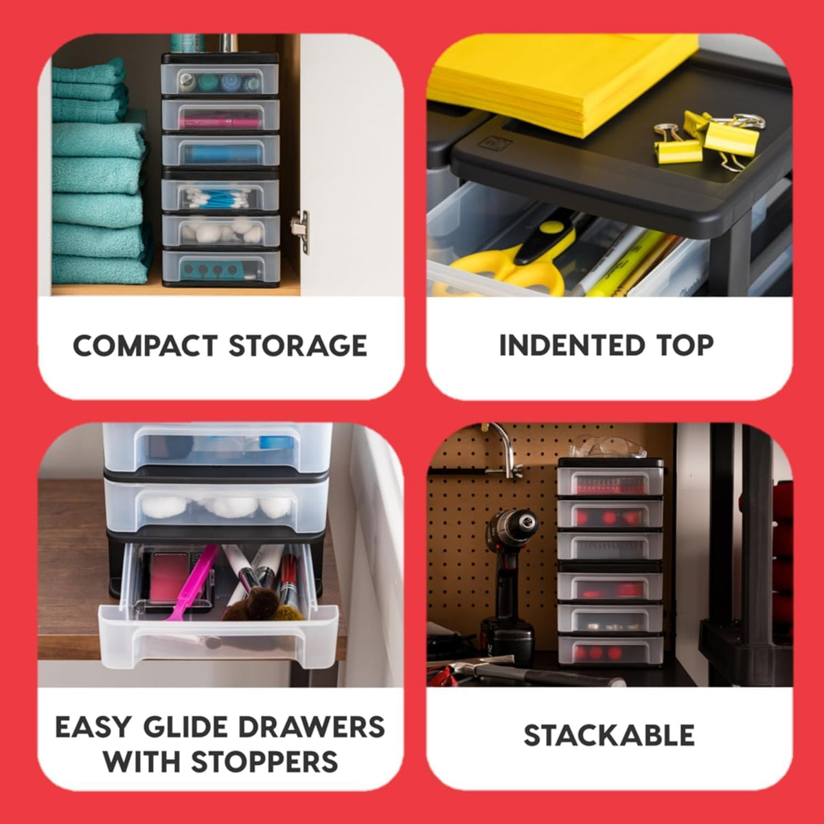 IRIS USA Paquete de 4 Organizadores Apilables de 3 Cajones, Negro | Organiza artículos de oficina, papelería, maquillaje, manualidades y esenciales diarios en el escritorio