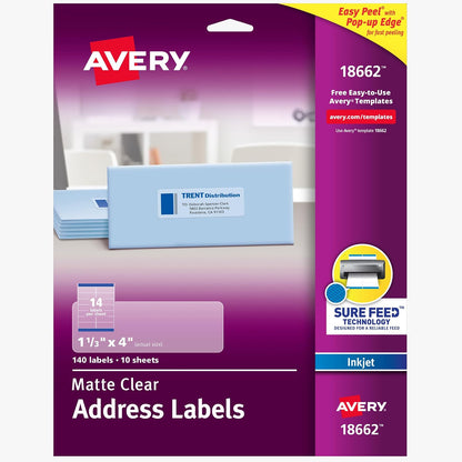 Avery Etiquetas de dirección imprimibles, tecnología Sure Feed, 1-1/3 x 4 pulgadas, transparente mate, calcomanía permanente, imprimible por inyección de tinta, 140 etiquetas de correo en blanco, gran