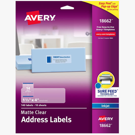 Avery Etiquetas de dirección imprimibles, tecnología Sure Feed, 1-1/3 x 4 pulgadas, transparente mate, calcomanía permanente, imprimible por inyección de tinta, 140 etiquetas de correo en blanco, gran