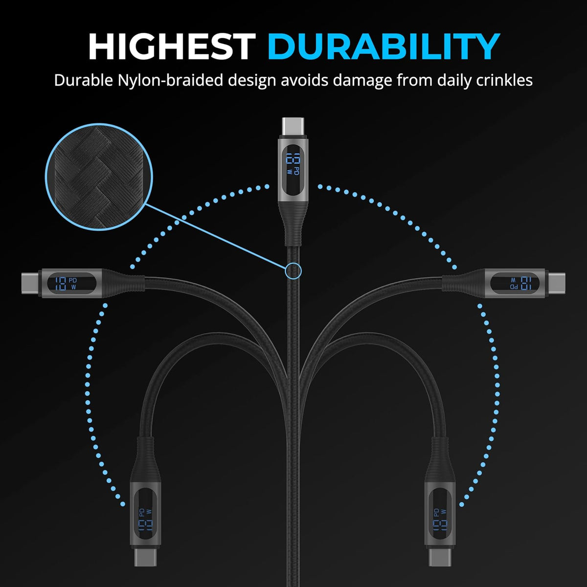 SABRENT Cable de carga USB C a USB C con visualización inteligente, 1 M/3.3 pies de largo, chip de marcador electrónico, carga de 100 W y velocidades de transferencia de datos de 480 Mbps, para