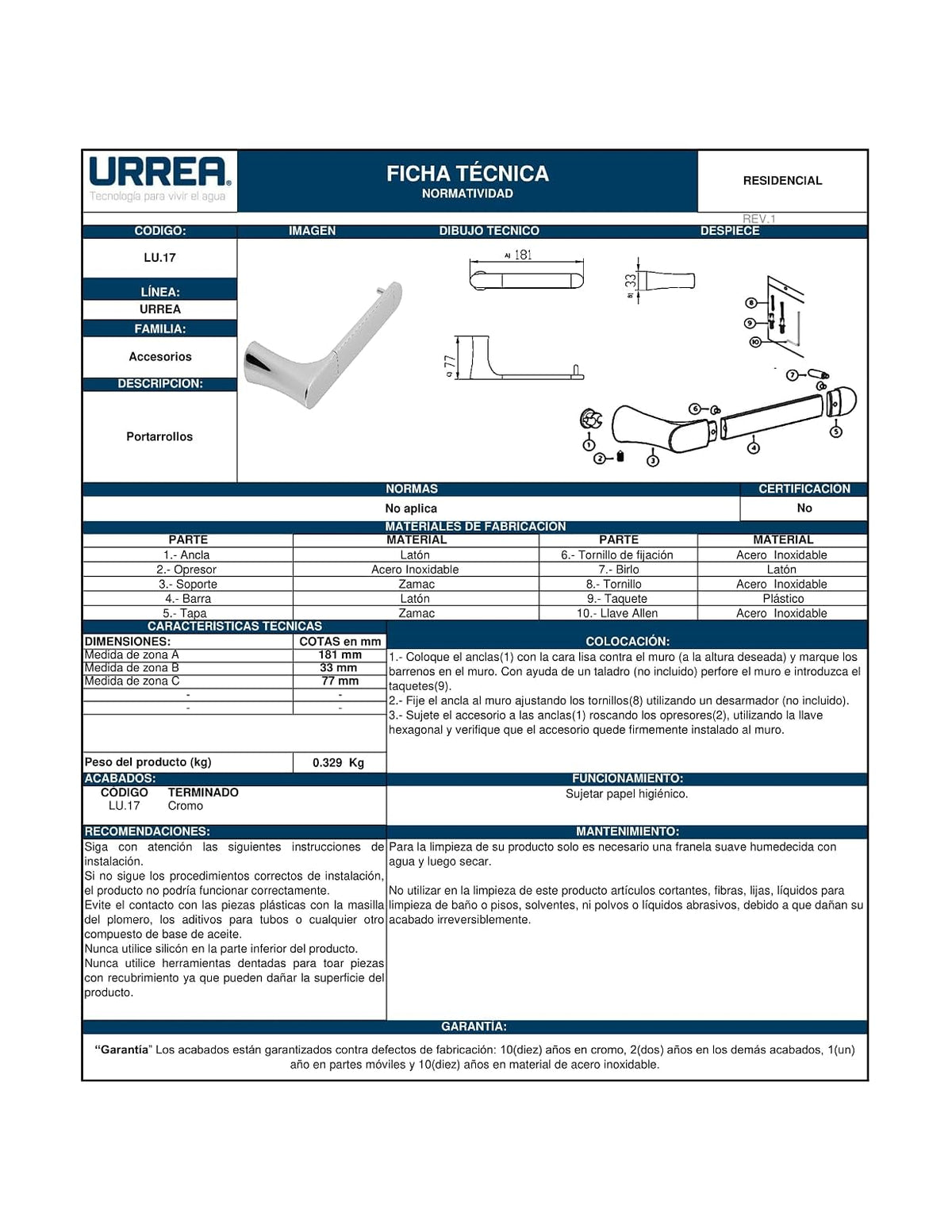 Urrea R LU.17 Portarrollo, Cassia