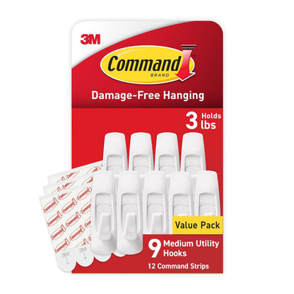 Command Medium Utility Hooks, 9-Hooks, 12-Strips (GP001-9NA) - Easy to Open Packaging