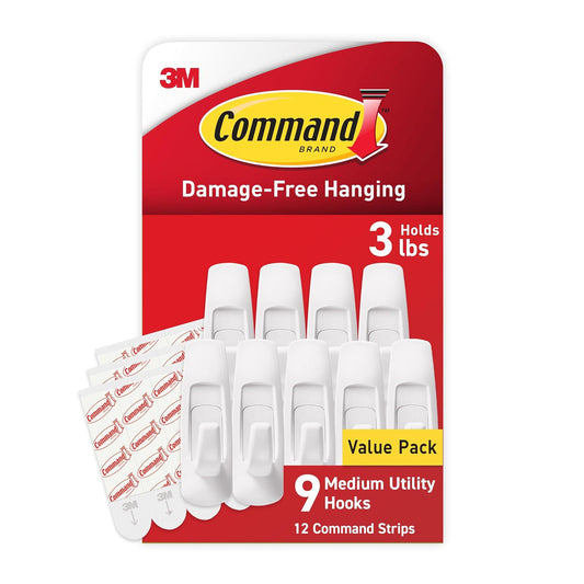 Command Medium Utility Hooks, 9-Hooks, 12-Strips (GP001-9NA) - Easy to Open Packaging