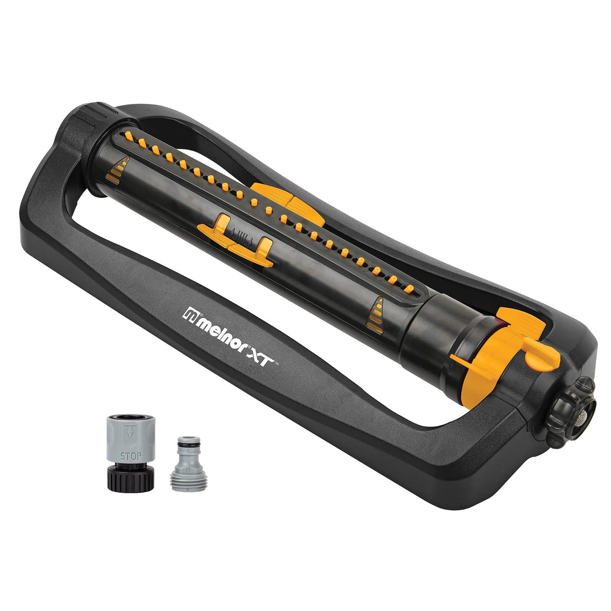 Melnor 65167AMZ XT Turbo Aspersor oscilante, 4.500 sq. Pies, Paquete de conexión rápida, Ajustable de 3 vías, Negro, Amarillo