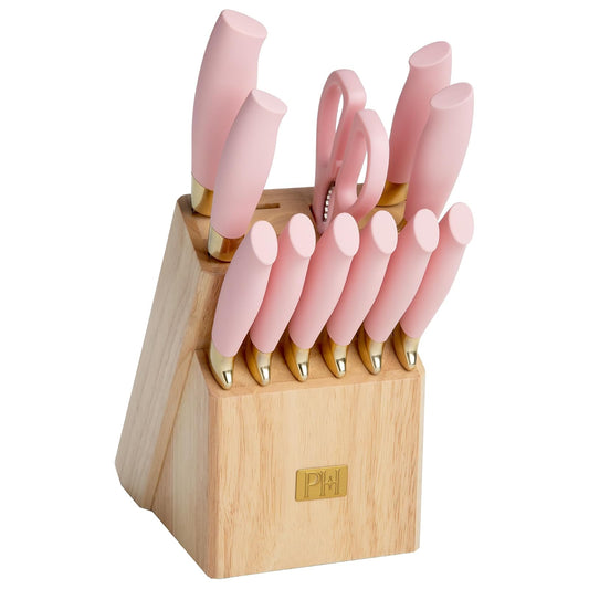 Paris Hilton - Juego de cuchillos de 12 piezas con bloque, cuchillería de acero inoxidable de alto carbono, cuchillas de precisión y mangos ergonómicos, color rosa