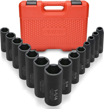 Neiko 02474A Juego de llaves de vaso de impacto profundo, acero Cr-V, 6 puntos, juego de 15 piezas - SAE - Juego de llaves