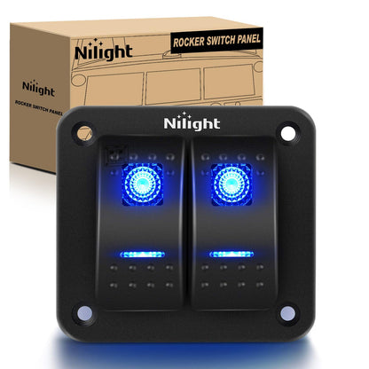 Nilight Interruptor de aluminio de 8 bandas, interruptor de 5 pines, interruptor precableado, interruptor retroiluminado azul para automóvil, barco, caravana, 2 años de garantía - 2 Gang Rocker Switch Panel