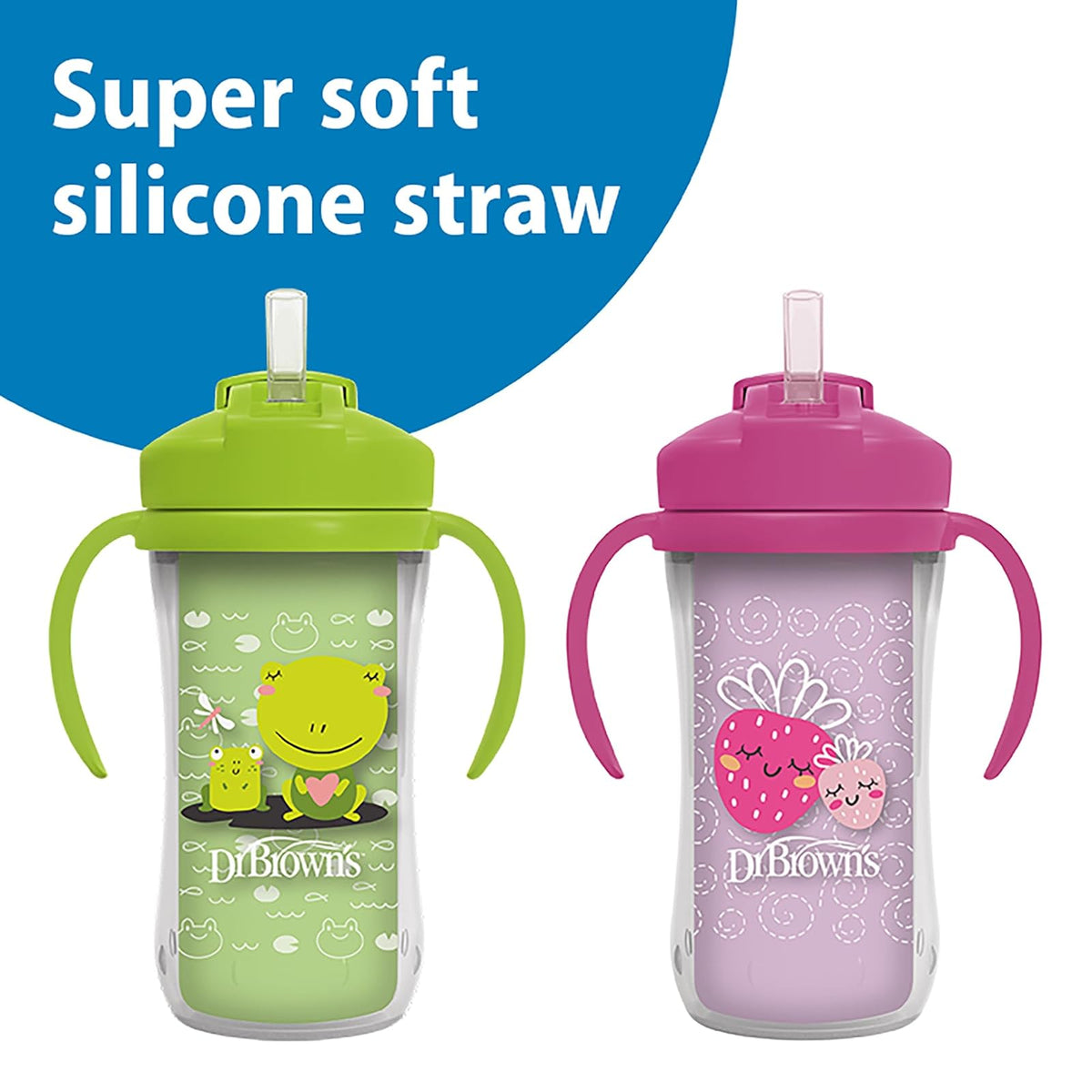 Dr. Brown's Milestones - Taza aislada para sorbos con popote y asas, vaso a prueba de derrames con tapa, paquete de 2, verde y morado, 10 onzas, 300 ml, última intervensión de BPA, 12 m +