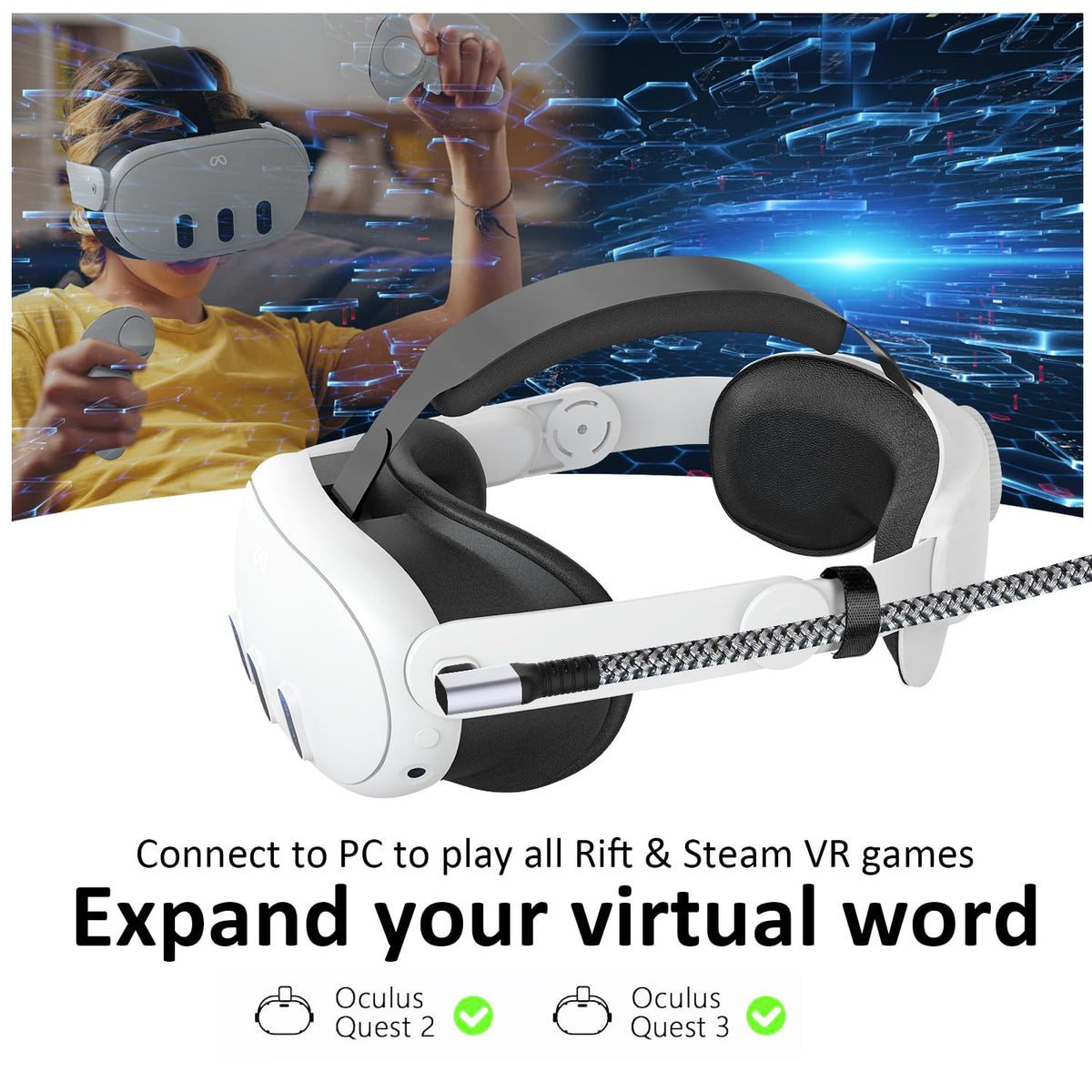 Cable Link VR de 16 pies compatible con Meta Oculus Quest 2/Quest 3/Pro Pico, accesorios trenzados de nailon y juegos de PC Steam VR, cable USB 3.0 de transferencia de datos tipo C, para auriculares VR