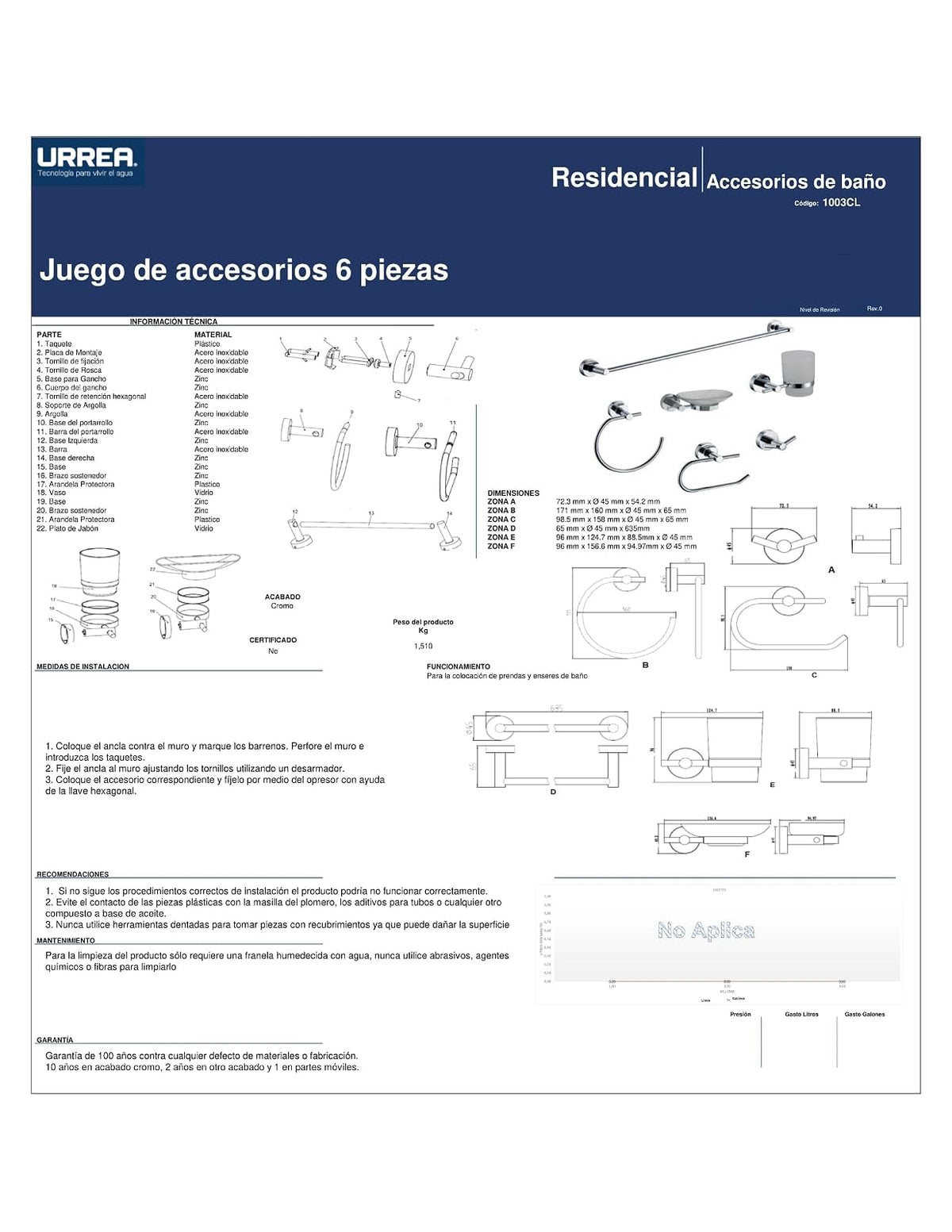 Urrea 1003CL Juego de 6 Accesorios Modernos para baño, Acero Inoxidable, Acabado Cromo, garantía de por Vida en Defectos de fabricación y 10 años en Acabado Cromo